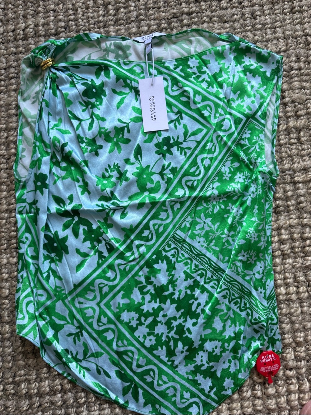 Derek Lam Green and blue print One-Shoulder blouse with Gold Ring accent.